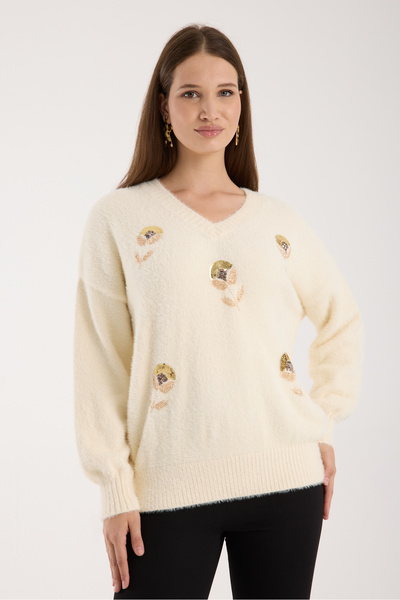 Moda Days Pulover tricotat pentru femei, ecru, cu mâneci balon, cu broderie cu margele, cu decolteu în V