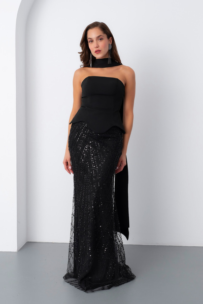 Lafaba Kadın Siyah Straplez Taşlı Uzun Balık Abiye