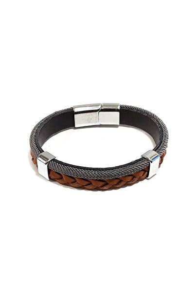 RAVANELLI Men's Leather Look Braided Detail Magnetic Metal Buckle Bracelet – Brown & Gray Stylish Design