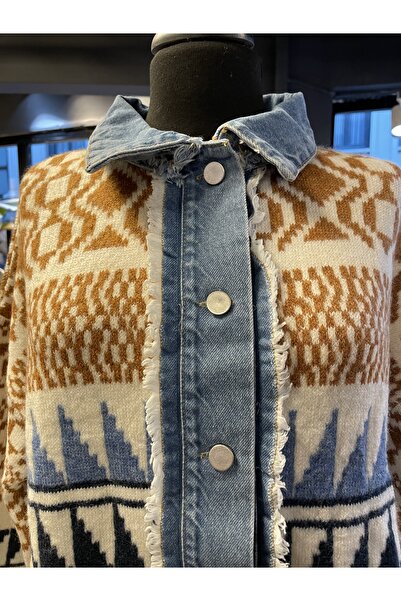 QUSİ Women's Long Sleeve Denim Detailed Buttoned Cotton New Season Winter Sweater