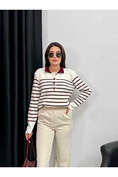 LE CARAMBOLE Women's Ecru-Burgundy Half Buttoned Striped Knit Sweater