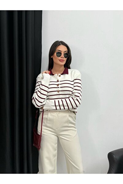 MODAMERSİ Women's Ecru-Burgundy Half Buttoned Striped Knit Sweater