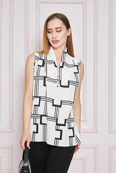 UNIQUE LADY Κομψή αμάνικη μπλούζα με υφασμάτινα κουμπιά και γεωμετρικά σχέδια