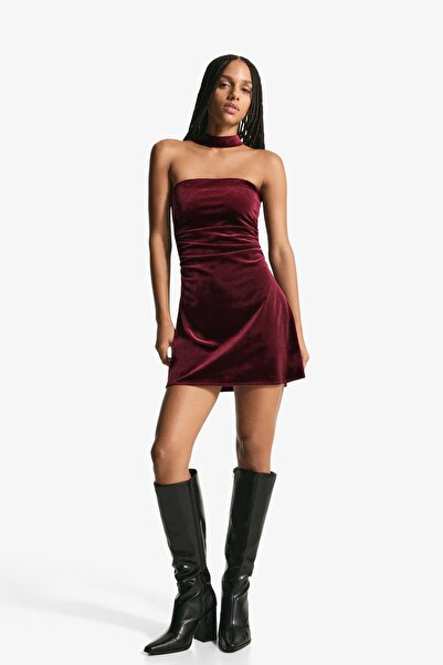 Bershka Velvet bandeau mini dress with scarf