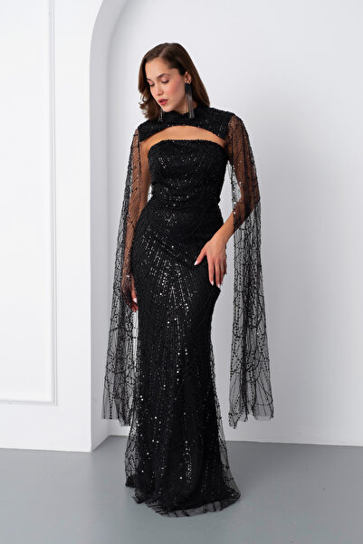 Lafaba Women's Black Shawl Long Sleeve Stand Collar Beaded Evening Dress