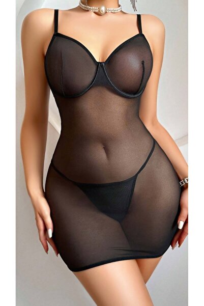 SiaLess Lingerie Mini cămașă de noapte neagră din tul pentru femei