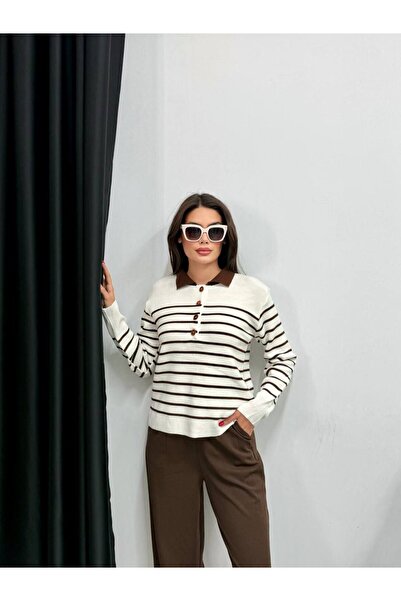 MODAMERSİ Women's Ecru-Brown Half Button Striped Knit Sweater