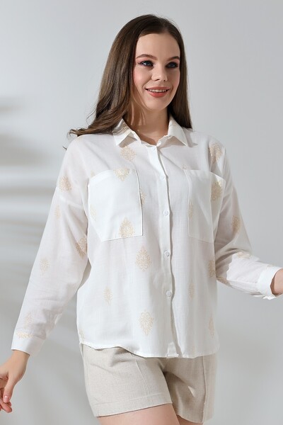 Lir Women's Patterned Flam Half Sleeve Shirt Beige 71429