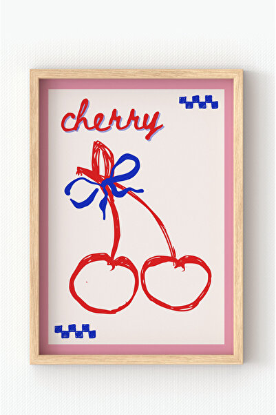 MIOVI Ahşap Çerçeveli El Çizimi Kiraz ve Fiyonk Poster - Minimalist Pop Art D...