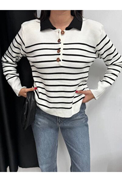 MODAMERSİ Women's Ecru-Black Half Buttoned Striped Knit Sweater