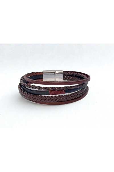 RAVANELLI Men's Four-Layer Braided Leather Bracelet with Magnetic Metal Buckle - Burgundy