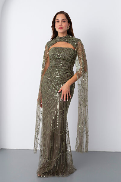 Lafaba Women's Khaki Shawl Long Sleeve Stand Collar Beaded Evening Dress