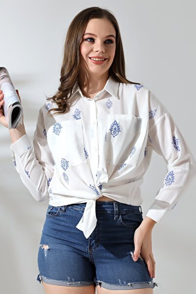 Lir Women's Patterned Flam Half Sleeve Shirt Blue 71429