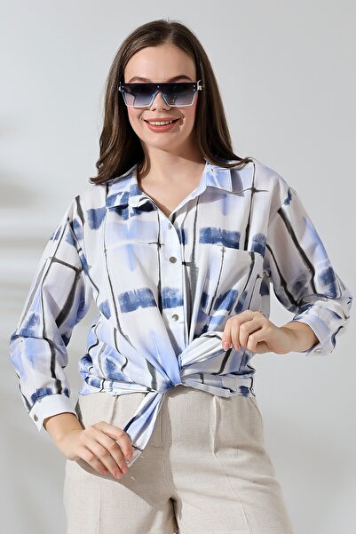 Lir Women's Wide Placket Half Sleeve Shirt Blue