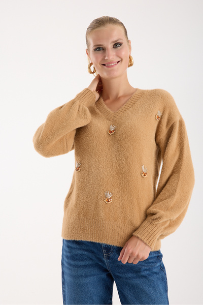 Moda Days سترة نسائية منسوجة بلون بيج بأكمام بالون وياقة على شكل حرف V مع إكس...