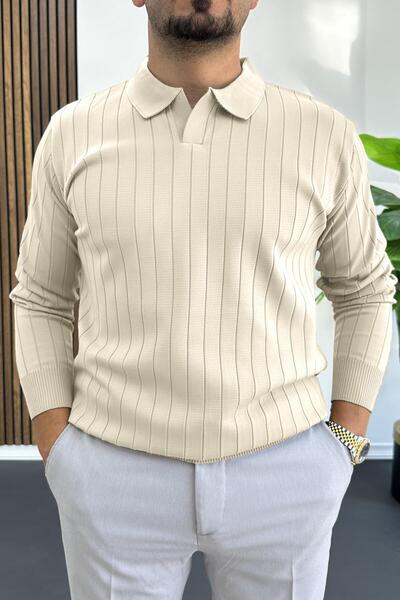 Edwox Мъжки пуловер с отворена яка и редовна кройка, кремав Edw412