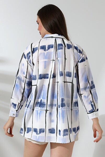 Lir Women's Wide Placket Half Sleeve Shirt Blue