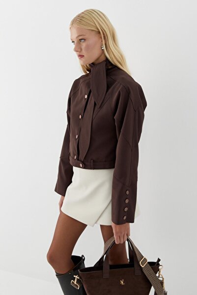 MARKALİSTE Collar Detailed Short Jacket Brown
