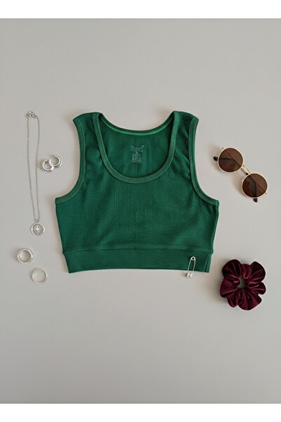 Hmd Women's Green U-Neck Strappy Crop Camisole Bustier Tank Top |   Cotton Thick Ribbed 92% Cotton |   Daily
