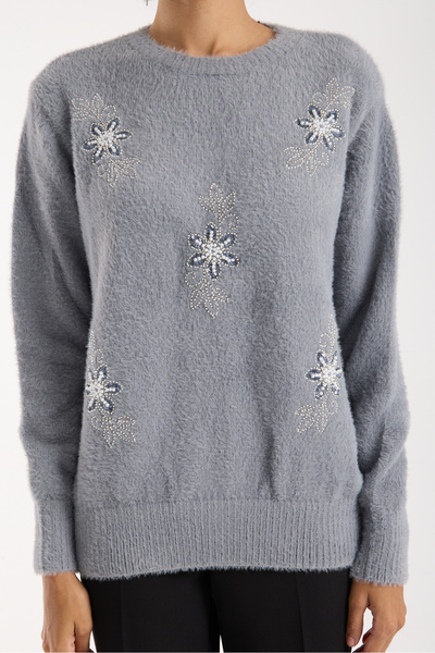 Clothes Fast Women's Gray Beard Yarn Beaded Embroidered Crew Neck Knitwear Sweater