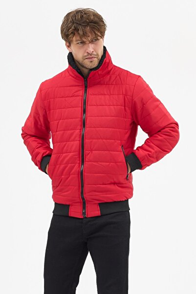 Polo State Men's Polar Collar Quilted Lined Jacket Coat Red