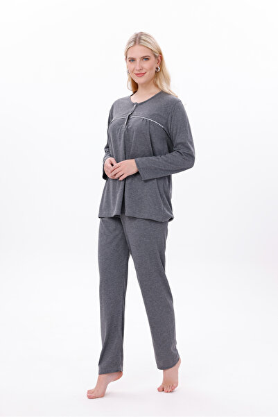 Mio Vero Women's Smoked Trim Long Sleeve Cotton Plus Size (Oversized) Pajama Set