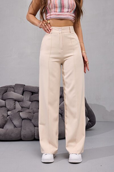 BİKELİFE Kadın Yüksek Bel Likralı Geniş Paça Çımalı Rahat Kesim Pantolon