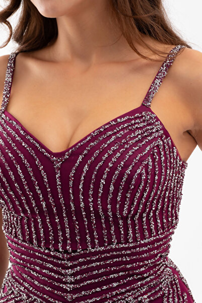 Lafaba Kadın Mürdüm İnce Askılı Simli Uzun Balık Abiye Elbise