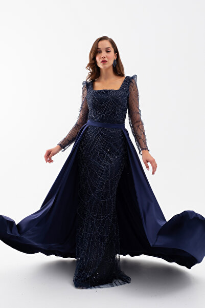 Lafaba Kadın Lacivert Uzun Kol Taşlı Saten Kuyruk Aksesuarlı Abiye