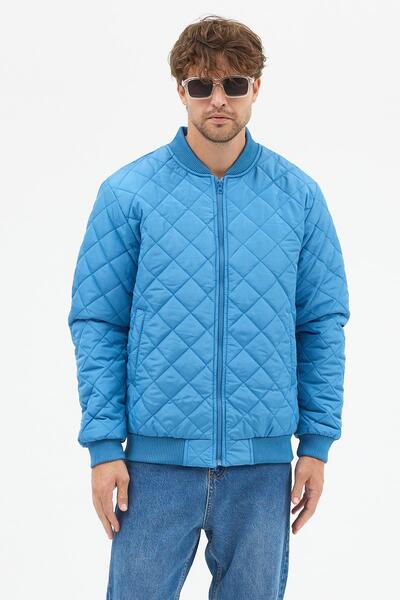 Polo State Erkek Kapitone Slim Fit Baklava Desenli Mont Ceket Mavi
