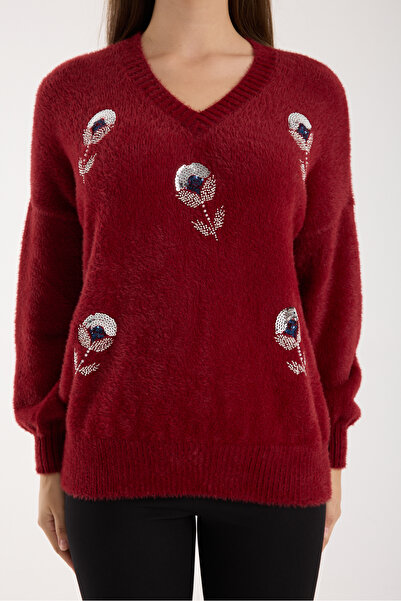 Clothes Fast Women's Burgundy Beard Yarn Balloon Sleeve Bead Embroidered V-Neck Knitwear Sweater