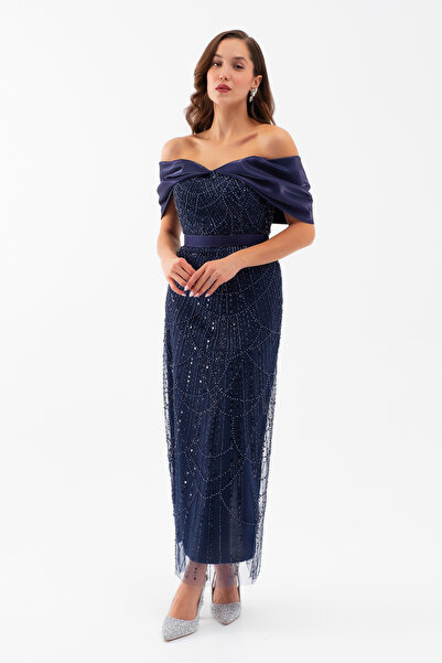Lafaba Kadın Lacivert Kayık Yaka Midi Boncuklu Abiye Elbise
