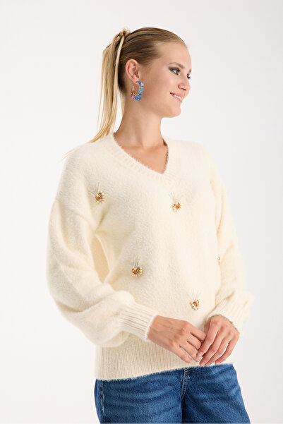 Moda Days Pulover tricotat pentru femei, ecru, cu mâneci balon, cu decolteu în V, cu accesorii în față