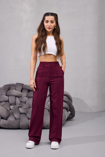 BİKELİFE Kadın Yüksek Bel Likralı Geniş Paça Çımalı Rahat Kesim Pantolon