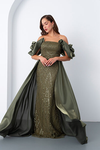 Lafaba Women's Khaki Boat Neck Satin Tail Long Beaded Evening Dress