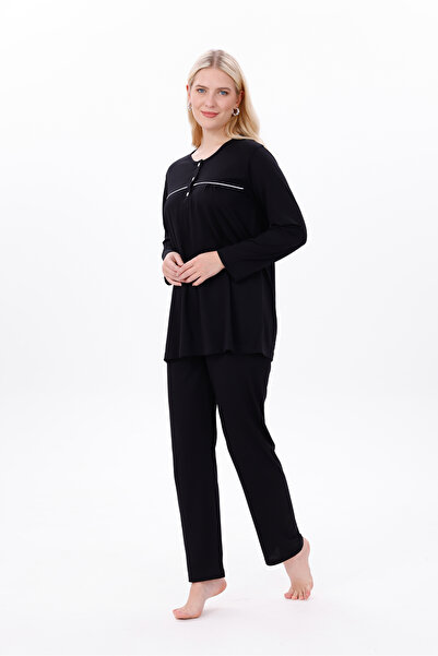 Mio Vero Women's Black Ribbed Long Sleeve Cotton Plus Size (Oversized) Pajama Set