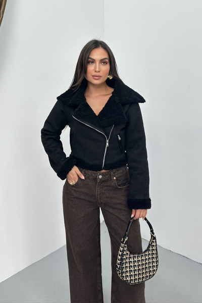 spirituel Women's Suede Coat Short Fur Lined Double Breasted Zipper Pocket Jacket