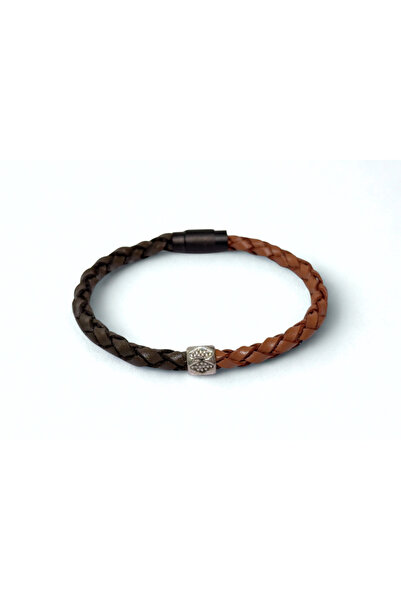 RAVANELLI Men's Leather Detailed Braided Thin Bracelet Double Color Brown
