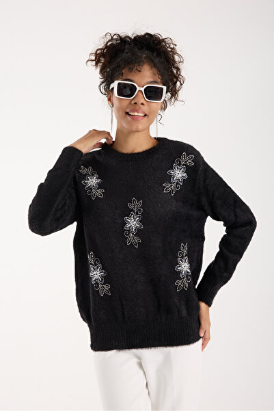 Clothes Fast Women's Black Beard Yarn Beaded Embroidered Crew Neck Knitwear Sweater