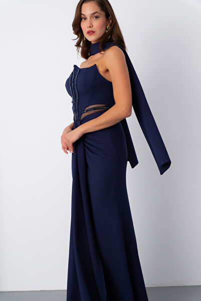 Lafaba Kadın Lacivert Taş İşlemeli Straplez Uzun Abiye Elbise