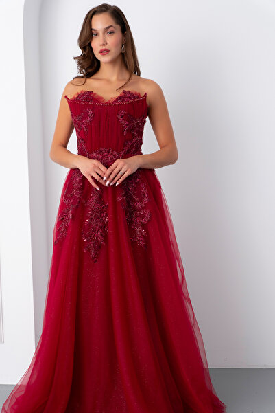 Lafaba Women's Burgundy Strapless Lace Long Tulle Evening Dress