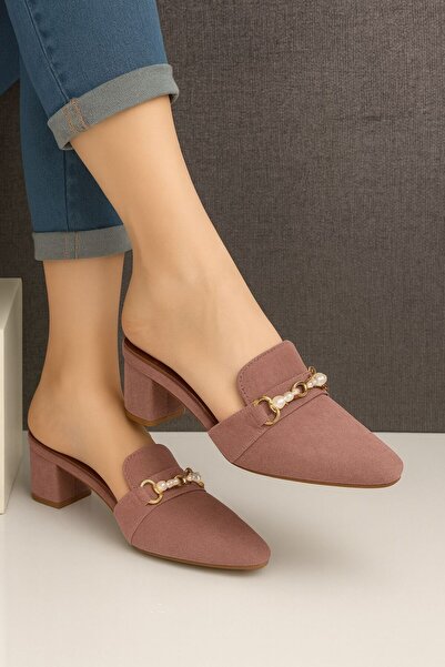 Generic Women’s Block Heel Mules with Pearl Chain – Elegant Slip-On Loafers (Sizes 37–42)