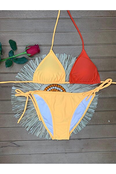 VAJESTO Women's Orange Yellow Lycra Side Halter Neck Stylish Drawstring Triangle Bikini Set