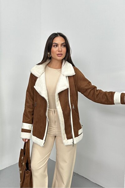 spirituel Women's Suede Coat Oversized Fur Lined Zippered Pocket Sleeve Detail Jacket Collar Winter Coat