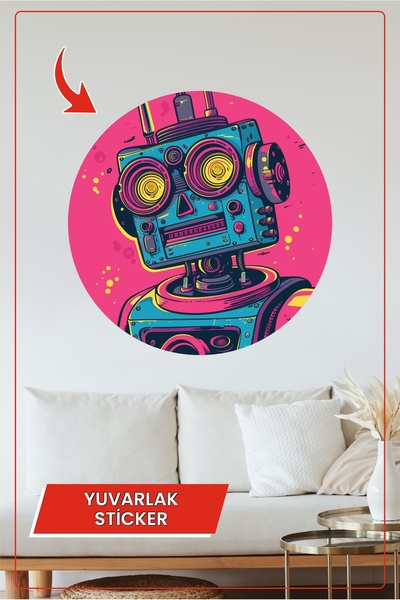 KOSS Dijital Autocolant rotund cu design retro robot colorat pentru decorarea...