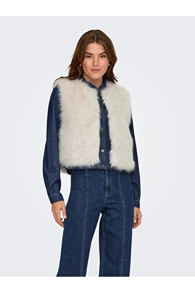 ONLY Women's Beige Jdyora Faux Fur Waistcoat Otw Vest 15359348-Birch