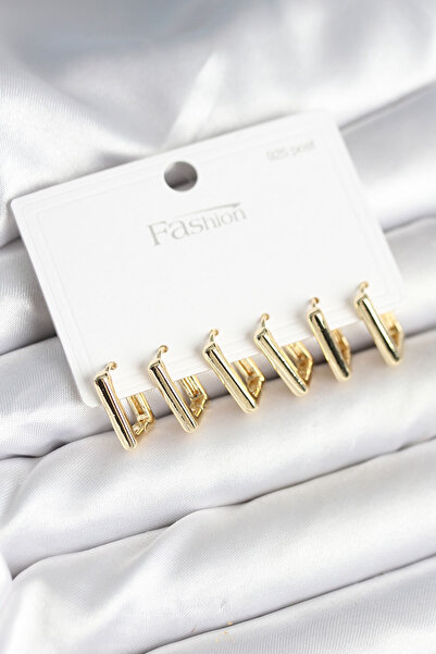 Clariss Gold Renk Kare Model Pirinç 925 Ayar Gümüş Çivili Kadın Küpe Seti - K...