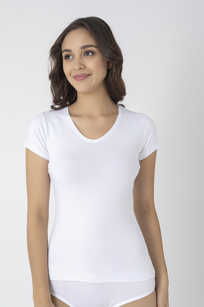 Miss Elit تي شيرت قطني أبيض بأكمام قصيرة ورقبة على شكل حرف V، عبوة من قطعتين