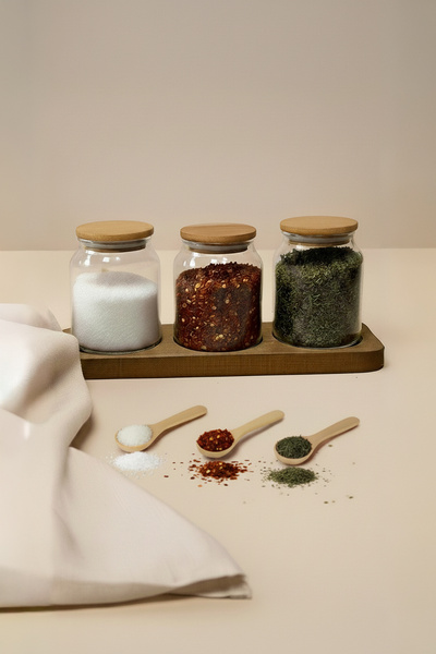 KHAKMA Set of 3 Transparent Glass Spice Jars with Wooden Lids - Dark Color Wooden Stand - 250 ml Volume