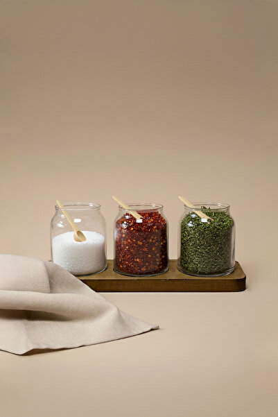 KHAKMA Set of 3 Transparent Glass Spice Jars with Wooden Lids - Dark Color Wooden Stand - 250 ml Volume